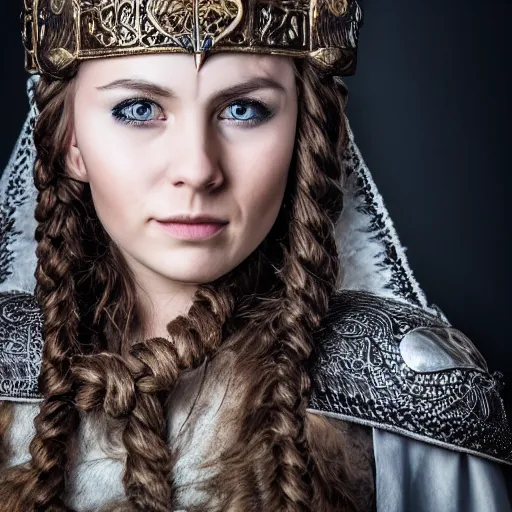 Prompt: beautiful Viking queen with ornate cloak, highly detailed, 4k, HDR, smooth, sharp focus, photo-realistic, high resolution, award-winning, macro 20mm, headshot