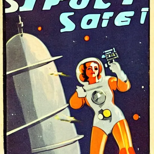 Image similar to A 1930s pulp sci-fi book cover depicting a woman in a space suit shooting a raygun, retrofuturism