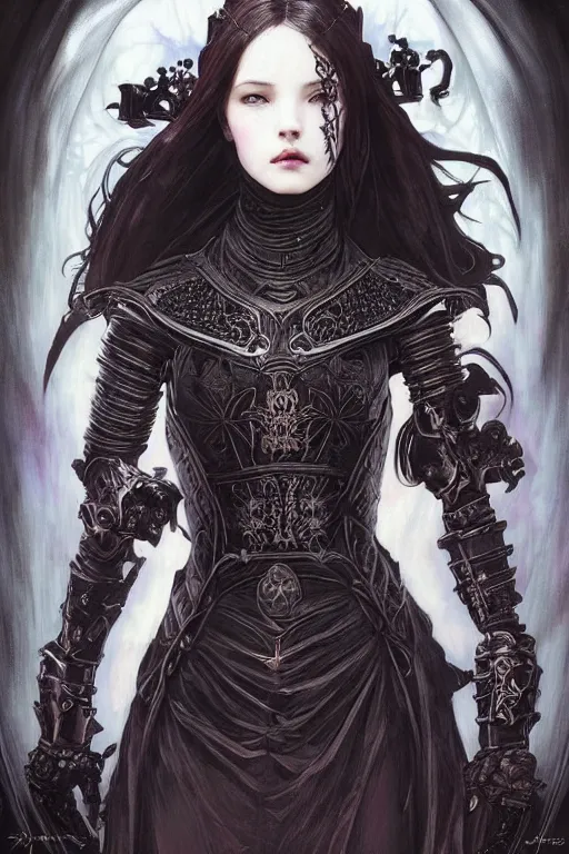 Image similar to beautiful luxury and gothic and victorian and evil young female medieval black armor knight portrait like lisa blackpink+smoky eyes+front face with light flowing hair, ultradetail face, art and illustration by tian zi and craig mullins and WLOP and alphonse mucha, ssci-fi, fantasy, intricate complexity, human structure, hypermaximalist, fantasy character concept, dynamic lighting, neon light, watermark, blurry, hyperrealism 8k