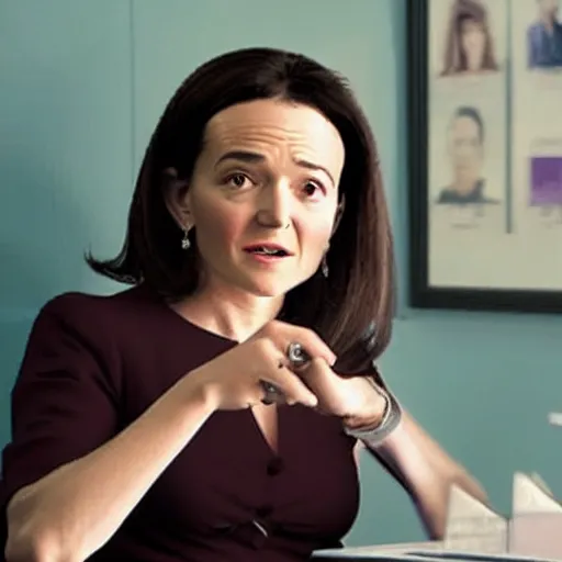 Image similar to Movie still of Sheryl Sandberg as a villain in movie Panopticon