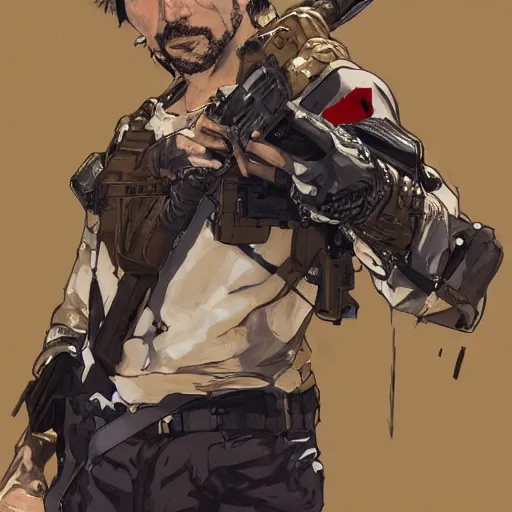 Image similar to portrait of a hero holding his weapon in front of his face by yoji shinkawa, high quality, extra details, realism, ornate, colored, golden chain, blood, white skin, short hair, brown eyes, vivid, sunlight, dynamic, american man, freedom, white american soldier, painting