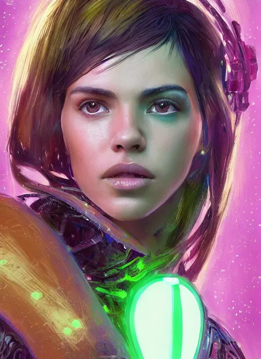 Image similar to a professional portrait of a beautiful young female, clothed in electric neon armor, olive skin, long dark hair, beautiful bone structure, symmetrical facial features, intricate, elegant, digital painting, concept art, smooth, sharp focus, finely detailed, illustration, from Valerian and the City of a Thousand Planets, by Ruan Jia and Mandy Jurgens and Artgerm and William-Adolphe Bouguerea