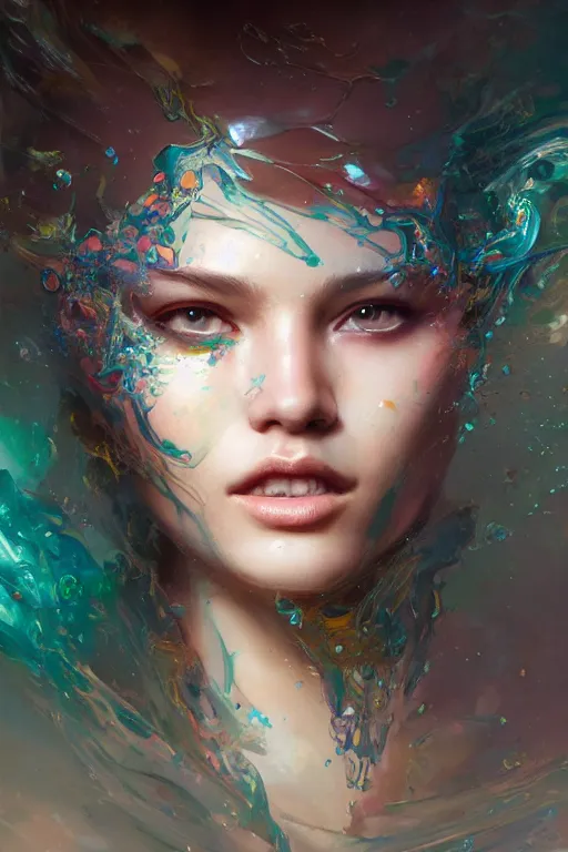 Image similar to face closeup of beautiful girl in intricate detailed color smashing fluid oilpaint, 3 d render, hyper realistic detailed portrait, color leaves, ruan jia, wlop. scifi, fantasy, hyper detailed, octane render, concept art, by peter mohrbacher, by wlop, by ruan jia