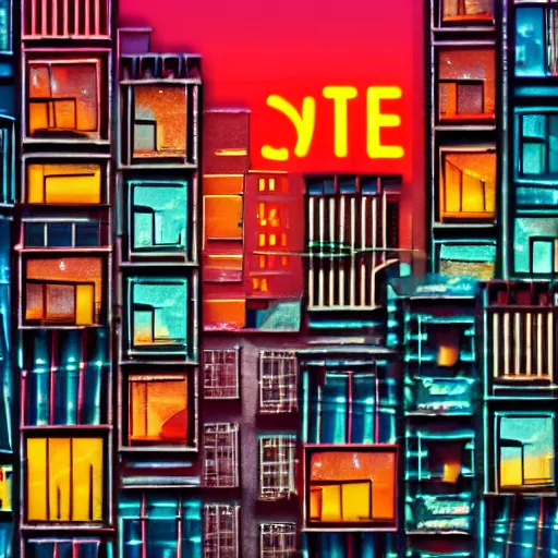 Prompt: abstract city street buildings fragments and neon signs floating, night, big moon