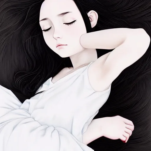 Image similar to little girl with an long black hair dressed in a simple white dress sleeping, anime art style, digital art ilya kuvshinov, inspired by balthus, hd, 4 k, hyper detailed, top view, dark, anatomically correct, angelic face