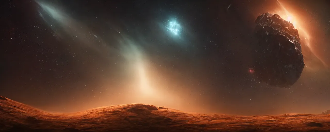 Image similar to movie still, thin galactic horizon, a dark epic galaxy, space scene, dark scifi, unreal engine, octane render, detailed and intricate, global illumination, volumetric lighting, hubble telescope images, james webb telescope images, houdini fluid simulation, detailed and intricate environment