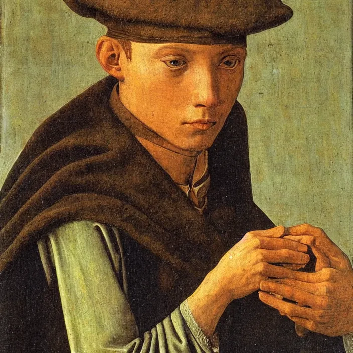 Image similar to close up portrait of a young alchemist with green eyes and visible veins. jan van eyck