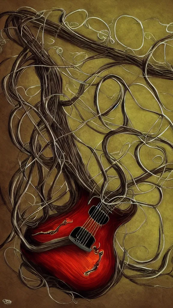 Image similar to a guitar with long thick vines wrapping around it, fantasy art, art station,