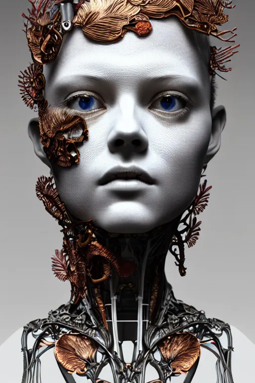 Prompt: complex 3d render ultra detailed of a beautiful porcelain profile The Weeknd face, biomechanical cyborg, analog, 150 mm lens, beautiful natural soft rim light, big leaves and stems, roots, fine foliage lace, silver dechroic details, massai warrior, Alexander Mcqueen high fashion haute couture, pearl earring, art nouveau fashion embroidered, steampunk, intricate details, mesh wire, mandelbrot fractal, anatomical, facial muscles, cable wires, microchip, elegant, hyper realistic, ultra detailed, octane render, H.R. Giger style, volumetric lighting, 8k post-production