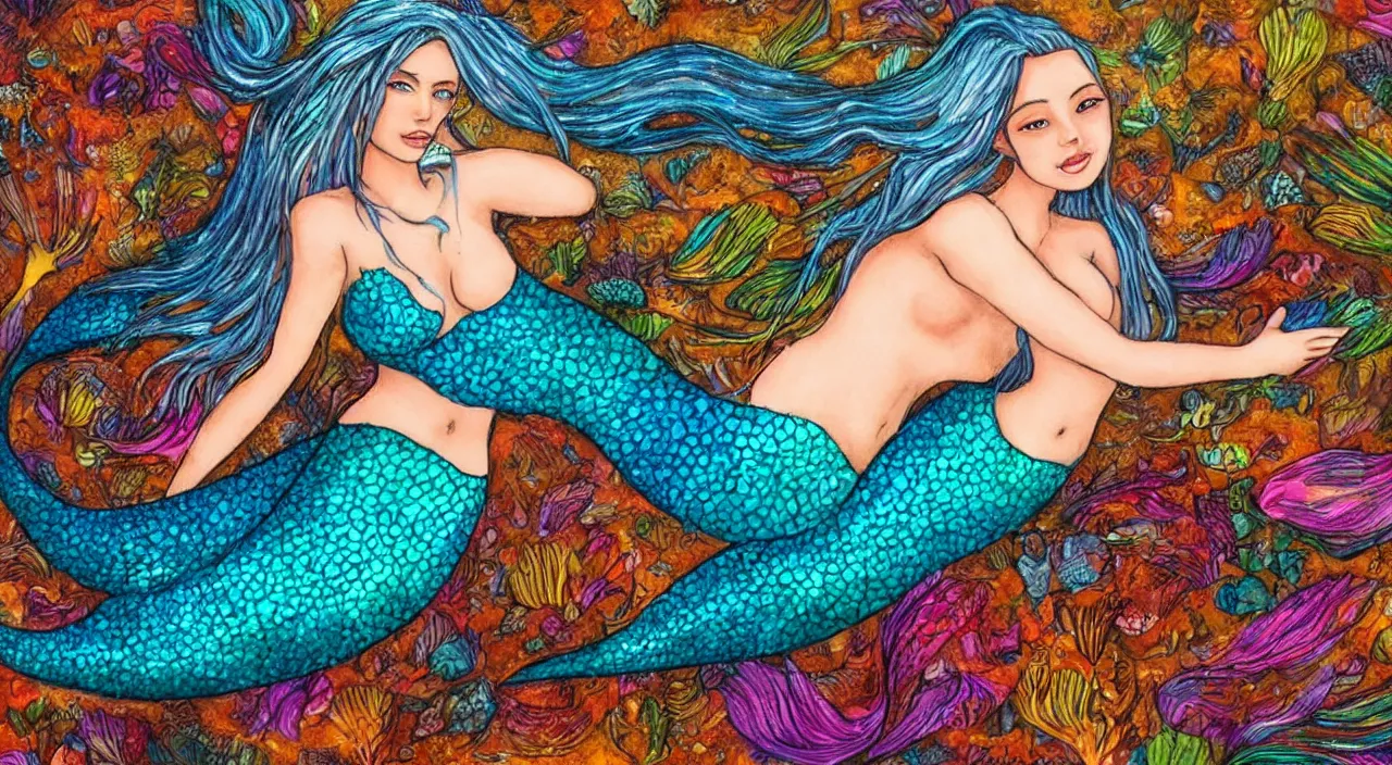 Prompt: one beautiful mermaid, close-up, realistic, very detailed, photo, devianArt, beautiful background with mountains and forests, colorful