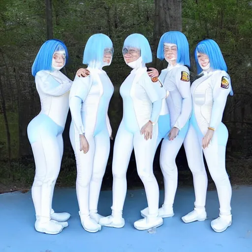 Prompt: troop 1 2 0 - year - old grannies with white bob hairdos, tight light blue latex body suits, futuristic cloning facility, sci - fi, highly detailed, cinematic