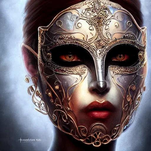 Image similar to Very very very very highly detailed epic photo of face with venetian mask, intricate, dystopian, sci-fi, extremely detailed, digital painting, artstation, concept art, smooth, sharp focus, illustration, intimidating lighting, incredible art by Artgerm