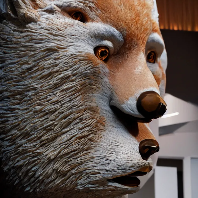 Image similar to hyperrealistic sculpture of a giant fox head on a pedestal by ron mueck and duane hanson and damien hirst, hyperrealistic dramatic lighting trending on artstation 8 k