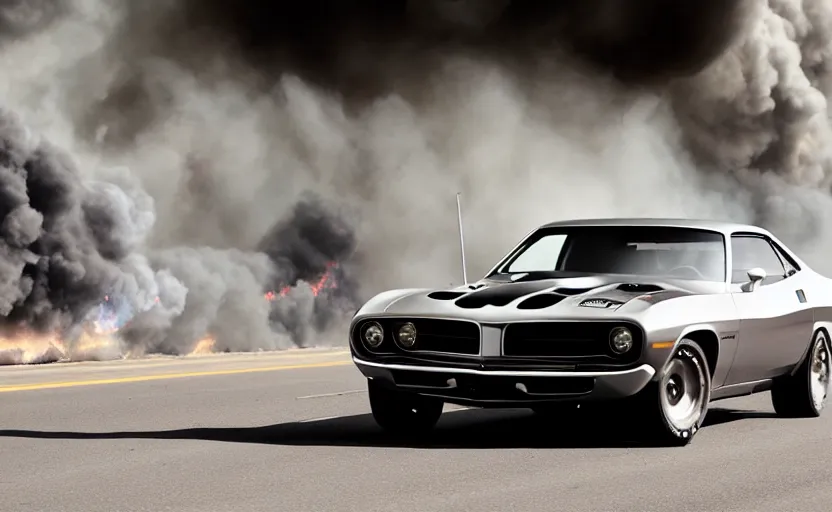 Image similar to a silver 1 9 7 0 plymouth ‘ cuda hemi super track pack driving on a freeway. fire explosion in the background, action scen. realistic. high resolution. dramatic