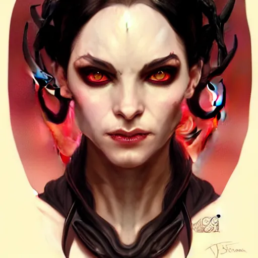 Image similar to Portrait of jovial female tiefling sorceress, D&D, red eyes, face, short black hair, fantasy, intricate, elegant, highly detailed, digital painting, artstation, concept art, smooth, sharp focus, illustration, art by artgerm and greg rutkowski and alphonse mucha