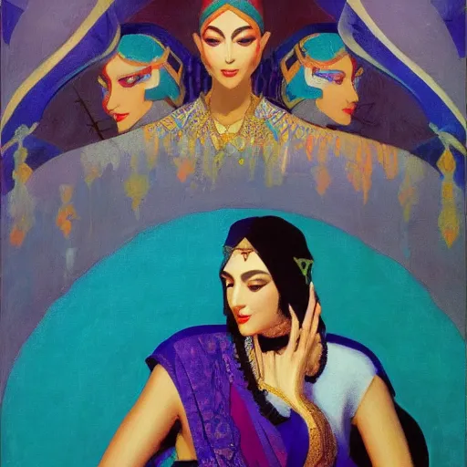 Image similar to a detailed oil painting of a harem with arabic patterns, turquoise and purple fire, by nicholas roerich, by frank frazetta by georgia o keeffe by frederick william elwell, by hans emmenegger, by bruce pennington, by eyvind earle highly detailed, realistic, outline, line work, oriental,