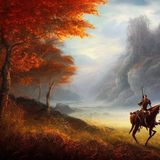 Prompt: a surreal dreamlike scene of a hunter in an autumn landscape extravagant matte painting, highly detailed oil painting, 8k, devastatingly beautiful atmosphere, elegant cinematic fantasy art, intricate masterpiece