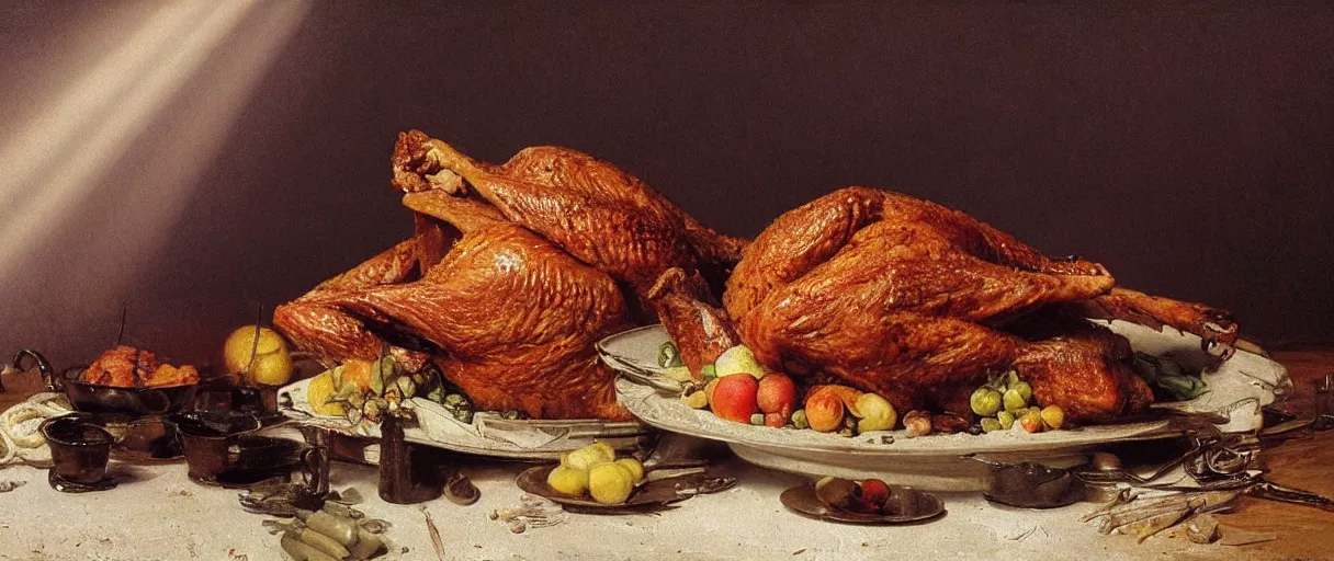 Prompt: still life a fried turkey, by albert bierstadt, by caspar david friedrich, by charlie bowater, by claude monet, pastel art, warm color palette, 3 d, 8 k, crepuscular rays, natural lighting, studio lighting, insanely detailed and intricate, hypermaximalist, elegant, ornate, hyper realistic, super detailed