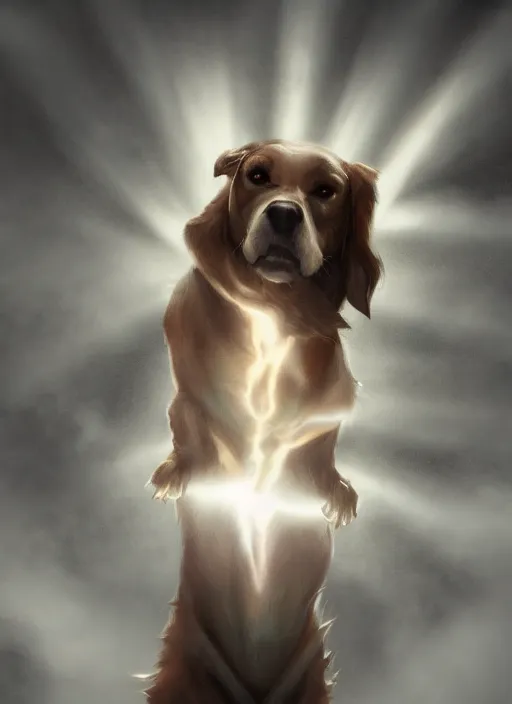 Prompt: one single dog being lifted up by heavenly angelic lights from heaven, angelarium artist, irisdecent light, volumetric ligh, fog