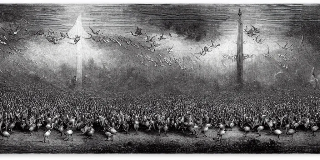 Image similar to gargantuan flock of geese guarding the gates of hell, art by gustave dore, hieronimus bosch