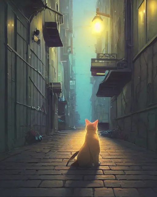 Prompt: a cat padding down an alleyway, adventure, nightfall. Quiet, serene, calm night. Digital illustration, very vibrant colors, soft lighting, atmospheric lighting, 8K, octane render. By Makoto Shinkai, Stanley Artgerm Lau, WLOP, Rossdraws, warriors fan art, James Jean, Andrei Riabovitchev, Marc Simonetti, krenz cushart, Sakimichan, D&D trending on ArtStation, digital art.