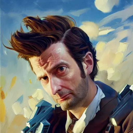 Image similar to greg manchess portrait painting of fully armored david tennant the 1 0 th doctor as overwatch character, medium shot, asymmetrical, profile picture, organic painting, sunny day, matte painting, bold shapes, hard edges, street art, trending on artstation, by huang guangjian and gil elvgren and sachin teng