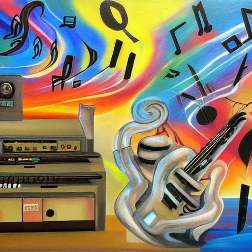 Prompt: music as a video game, oil and acrylic on canvas, surrealism, high detail