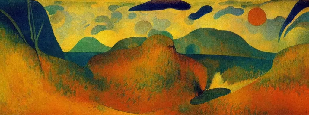 Prompt: An insane, modernist landscape painting. Wild energy patterns rippling in all directions. Curves, organic, zig-zags. Mountains, clouds. Rushing water. Waves. Psychedelic dream world. Ethereal. Odilon Redon. Andre Derain.