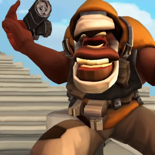 Image similar to demoman from team fortress 2 laughing at the camera