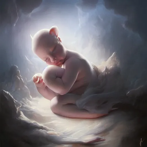 Image similar to a baby unicorn sleeping in an cracked egg, ultrarealistic, dramatic lighting, high details, 4 k, 8 k, best, accurate, trending on artstation, artstation, photorealism, ultrarealistic, digital painting, fantasy art, style of peter mohrbacher, caravaggio, boris vallejo