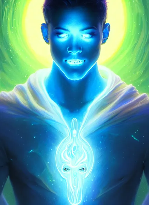 Image similar to a male faceless glowing liquefied stardust adventurer, dnd fantasy character, full body portrait, glowing neon skin, magical aura, ultra realistic, intricate, elegant, highly detailed, digital painting, artstation, smooth, sharp, focus, illustration, art by artgerm and greg rutkowski and alphonse mucha and alex grey