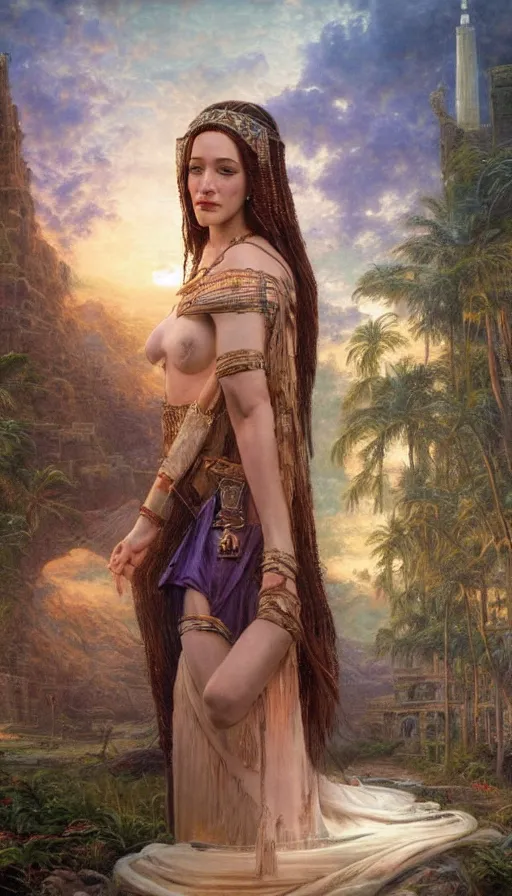 Prompt: Concept Art of cinematography of Terrence Malick film stunning portrait of featuring Kat Dennings as an ancient babylonian priestess, by Thomas Kindkade