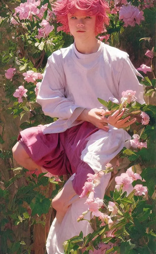 Image similar to androgynous cute pink haired teen boy wearing greek clothes, muted colors, colorful flowers, tropical, sunlight filtering through skin, j. c leyendecker, by alan lee, wlop! illustrated by starember, fantasy art by craig mullins cfg _ scale 8