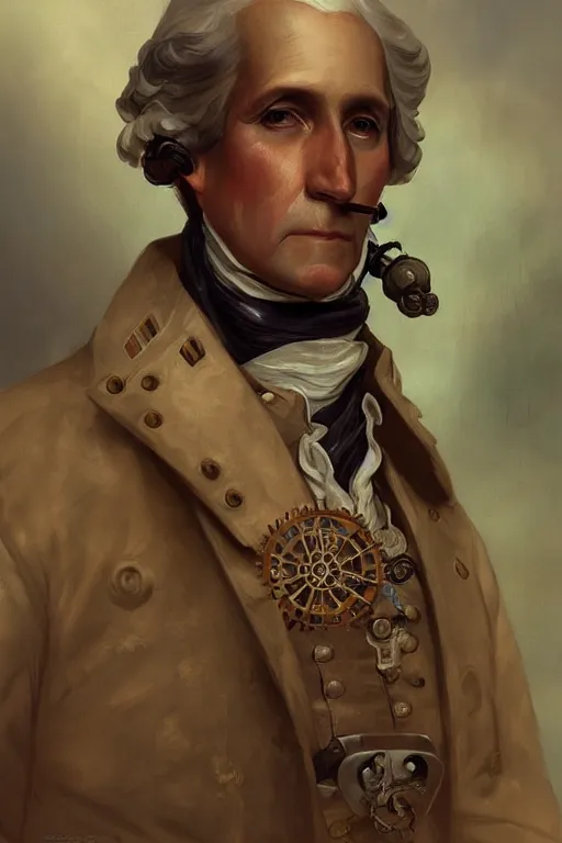 Image similar to george washington as a steampunk cyborg, portrait, western, steampunk, duster, fantasy, intricate, elegant, highly detailed, digital painting, artstation, concept art, sharp focus, illustration, art by artgerm and greg rutkowski and alphonse mucha