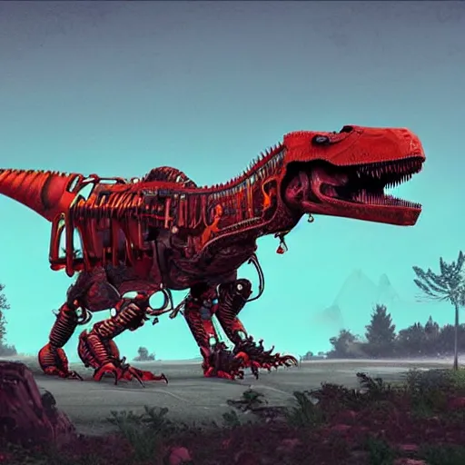 Image similar to a character art rendering of a robot T-rex made of mechanical parts, cartoonish psychedelic paleoart rendering, realistic dinosaur cyborg in the style of simon stålenhag, made with zbrush