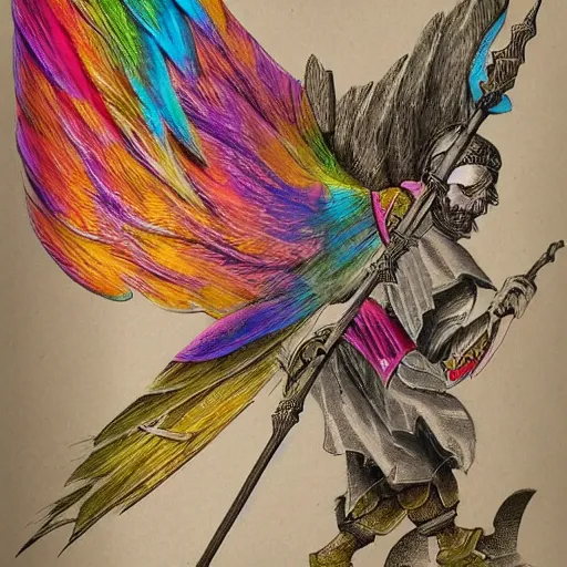 Image similar to medieval weapon, long spear made of multicoloured feathered wings, prismatic, detailed drawing, magic the gathering, white background