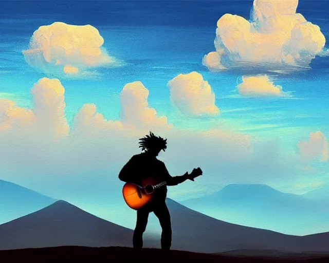 Image similar to A slightly silhouetted figure of a man with a guitar, clouds that look like mountains high in the sky, the clouds are a deep blue purple color with the sun blazing behind the clouds, deep focus, D&D, fantasy, intricate, elegant, highly detailed, digital painting, artstation, oil paint, matte, sharp focus, illustration, hearthstone, art by Ivan Aivazovsky