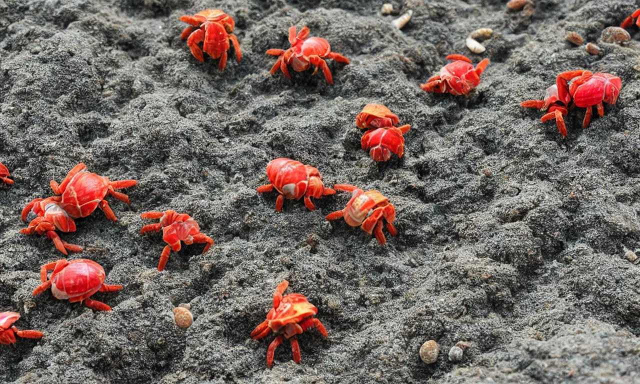 Prompt: several red cute hermit crabs on sandy beach, japanese cartoon style