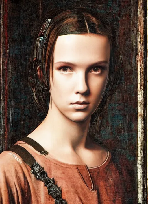 Image similar to Portrait of cyberpunk Millie Bobby Brown by Leonardi Da Vinci