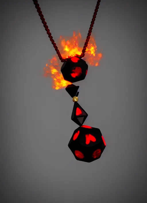 Image similar to rpg item, a black necklace with a red diamond pendant in flames, Unreal 5, DAZ, hyperrealistic, rpg style, octane render, dynamic lighting