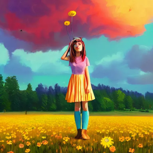 Image similar to girl with a giant daisy head, surreal photography, flower field, sunset dramatic light, impressionist painting, colorful clouds, blue sky, digital painting, artstation, simon stalenhag