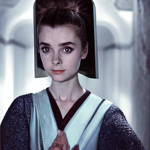 Prompt: head and shoulders portrait of a female knight, star wars, jedi, robes, blue lightsaber, young audrey hepburn, by stanley kubrick, vogue fashion photo