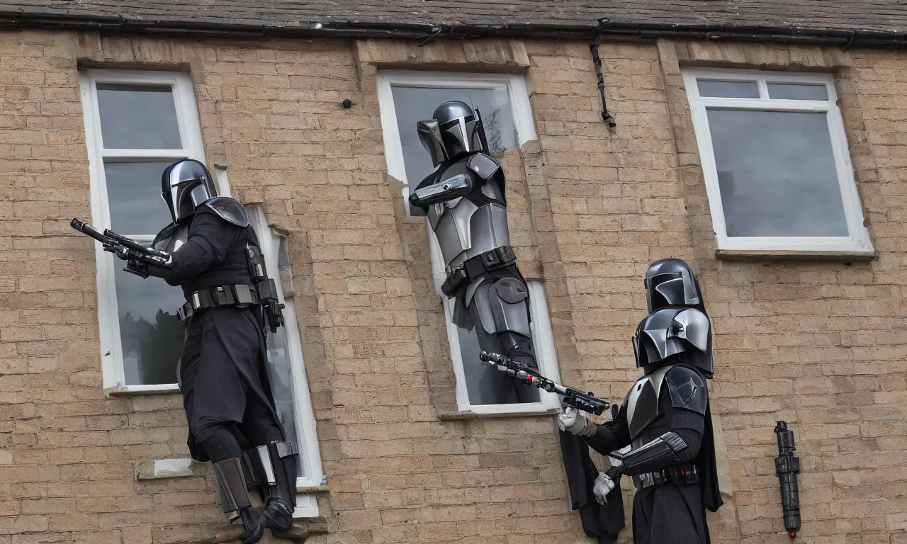 Prompt: one single mandalorian dismantling sash window in England with a lightsaber