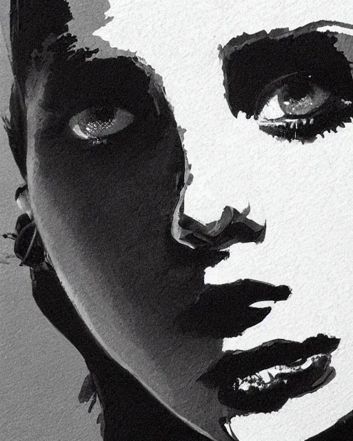 Prompt: close up portrait of millie bobby brown by yoji shinkawa, black and white, dramatic lighting