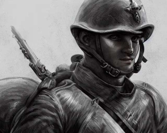 Image similar to A soldier holding a warrior cat in world war 1, close-up, realistic face, sharp facial features, mature facial features, black and white, amazing digital art, hyper detailed, artstation, in the style of Tony Sart