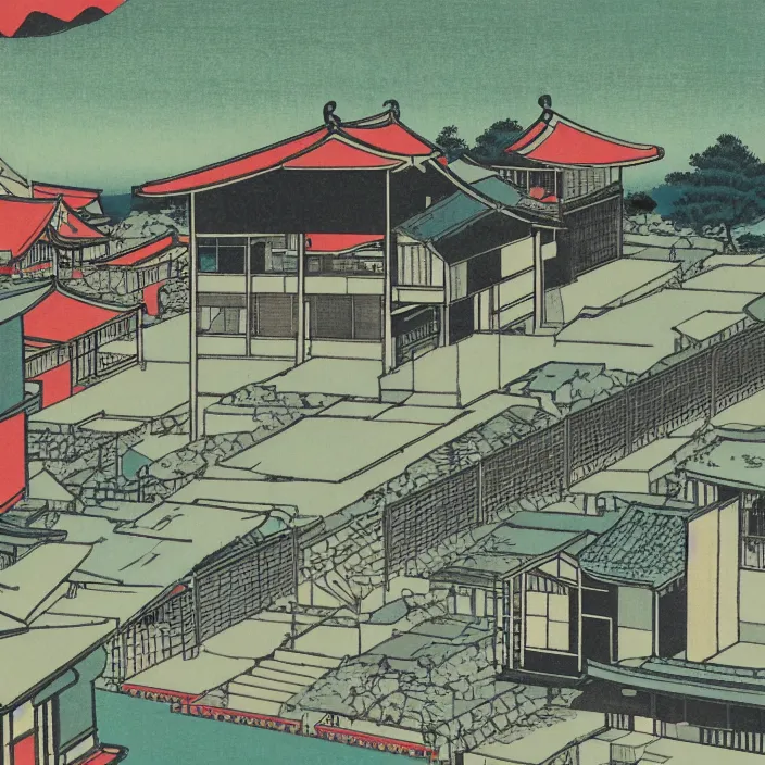 Image similar to a building in a serene landscape, ukiyoe