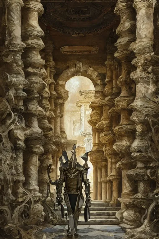 Image similar to an biomechanical palace guard walking through the byzantine courtyard by anders zorn, wonderful, mandelbulb 3 d buildings, fractal designs, dynamic, masterpiece by greg rutkowski, hyperrealism, beautiful cinematic light, by greg manchess, jessica rossier