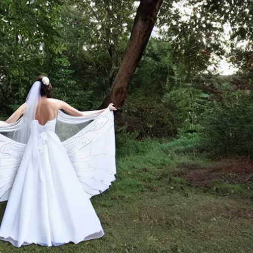 Prompt: A long white wedding dress decorated with blue butterfly wings