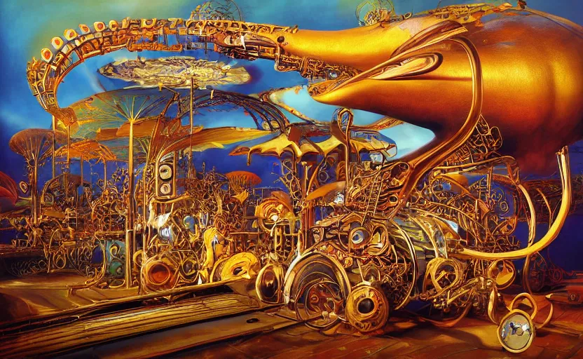 Image similar to “a singular psychedelic steampunk music machine made of intricate guitars pianos saxophones drums and synths, by Vladimir kush , by Roger dean, By syd mead, by josip csoor, 8k resolution, realistic shadows, 3D, rendered in octane, volumetric lighting, hyper detailed, photorealistic, psychedelic”