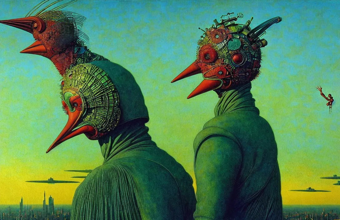 Prompt: realistic detailed portrait movie shot of a birdman wearing green leather coat, sci fi city sunset landscape background by denis villeneuve, amano, yves tanguy, alphonse mucha, ernst haeckel, max ernst, roger dean, masterpiece, rich moody colours, blue eyes